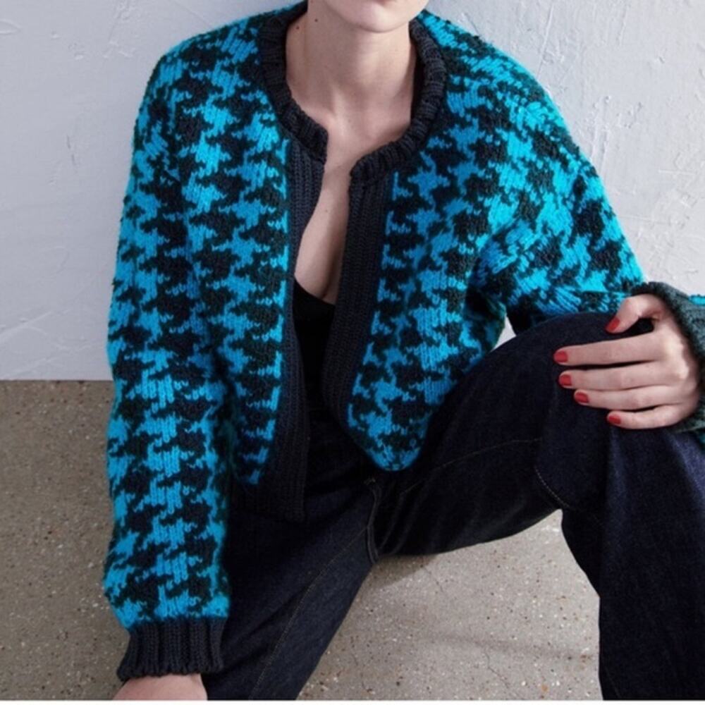 Zara Houndstooth Chunk Knit Open Front Cardigan Sweater Size Small